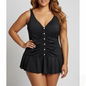 A SHORE FIT Tummy Control Black Diamond Button Front One Piece Swimsuit Dress 22